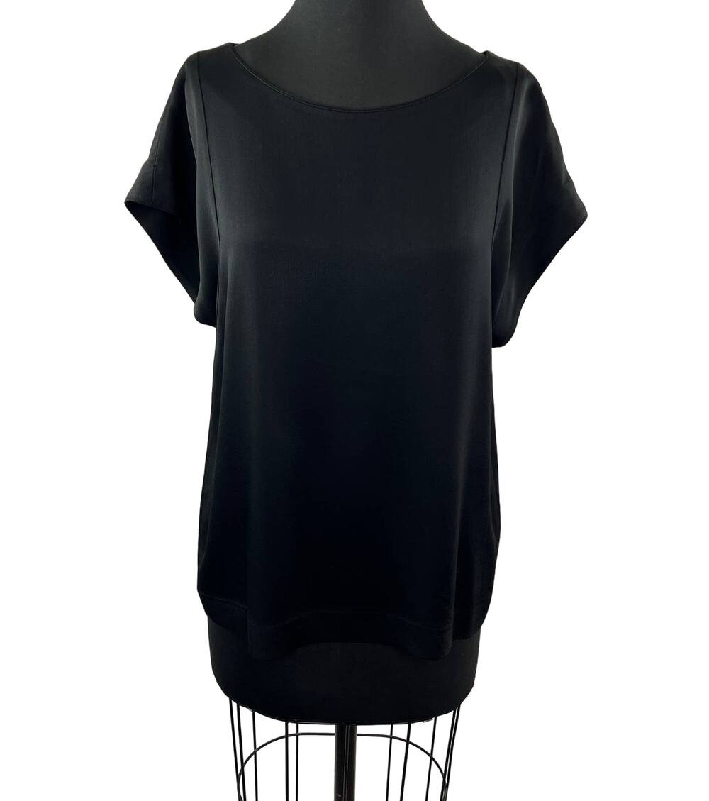 THEORY Rhagan Black Bright Satin Short Sleeve Blouse Scoop Neck Top USA M